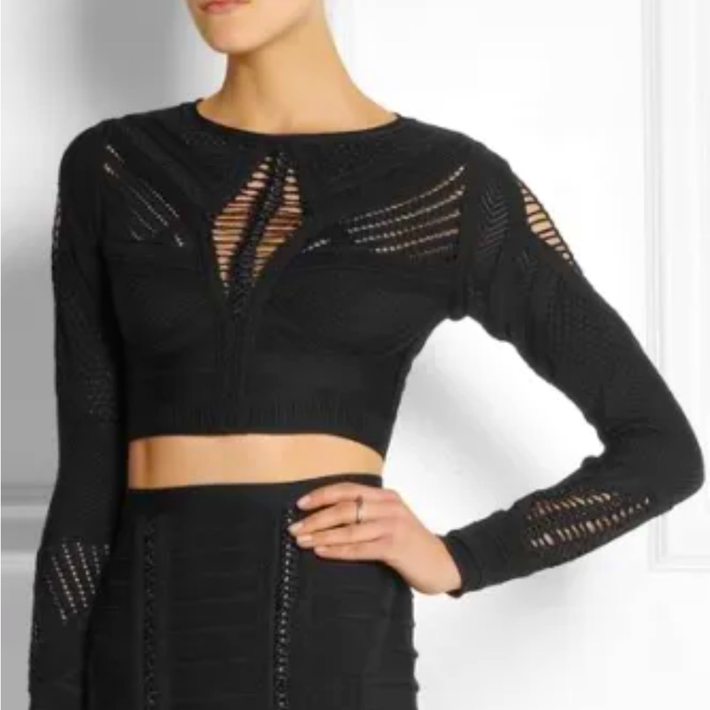 HERVE LEGER CROCHET PANELED BANDAGE CROP TOP, SZ S BLACK NWT!!
